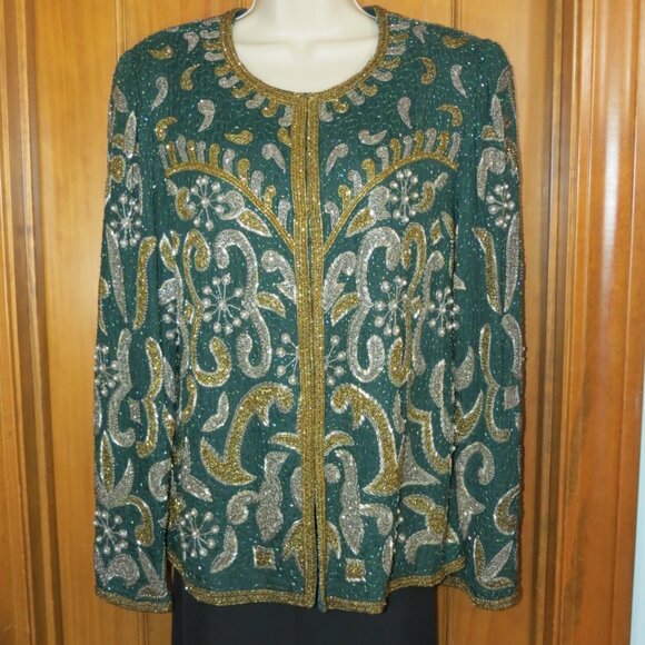 Laurence Kazar Green & Gold Vintage Beaded Silk Evening Cocktail Jacket Size XL - Picture 8 of 11